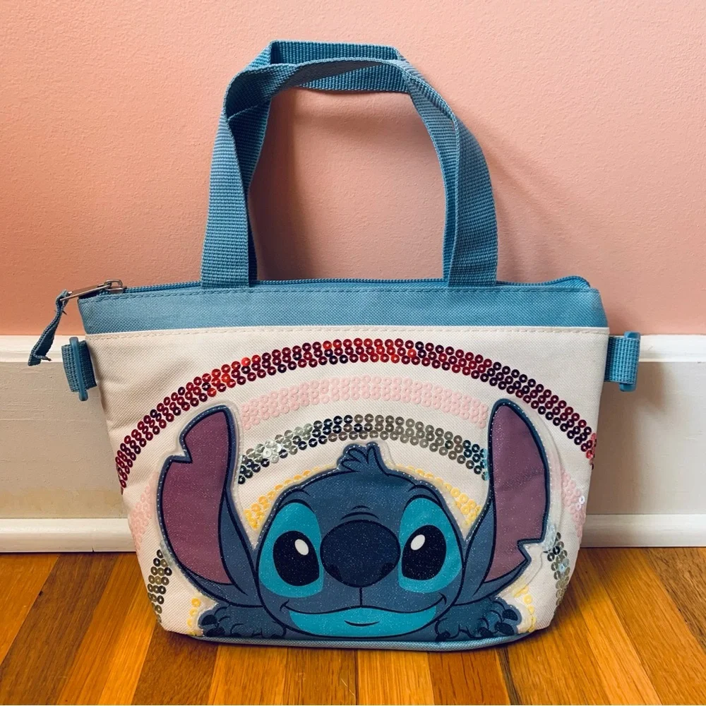 Disney Stitch Lunch Box Blue White Sequins Rainbow Used